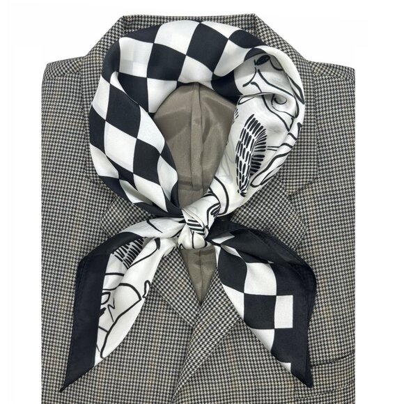 ⭐Black White Checkered Silky Satin Scarf Figural Print Luxury Square Fashion New - Picture 1 of 5